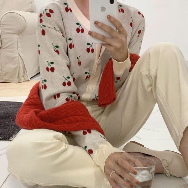 

women's jackets the smallest sea korean style round neck single-breasted sweet comfortable soft glutinous young cherry knitted cardigan, Black;brown
