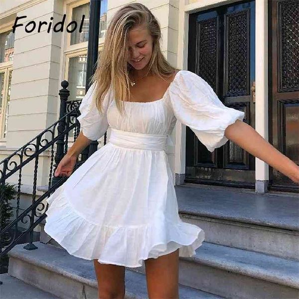 

white vinatge summer dress women backless puff sleeve beach holiday casual a-line bowknot 210427, Black;gray