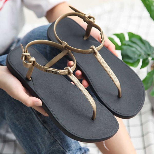 

luladi simple flat bottom women's flip flop summer vacation roman sandals antiskid beach clip sandals, Black