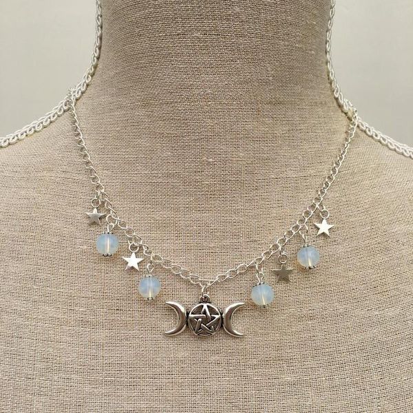 

chains triple opalite pentagram pagan wicca chain necklace moon natural pendant witchy esoteric gothic punk jewelry women gift, Silver