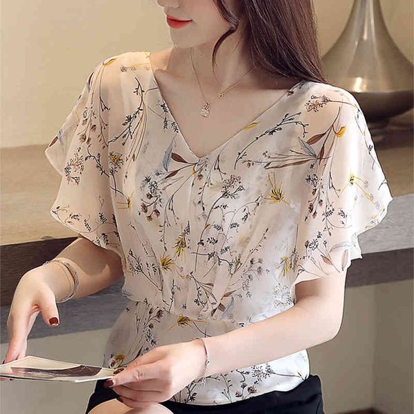 LucyEver Sommerdruck V-Ausschnitt Chiffon Bluse Frauen Mode Schmetterling Kurzarm Hemden Frau Casual Plus Size Tops Damen 210521