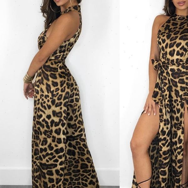 

leopard halter skinny women jumpsuits body suit sleeveless split playsuit spring loose wide leg rompers, Black;white