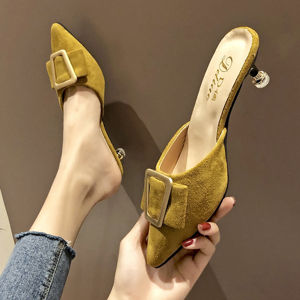 

cover pointed toe women shoes woman slippers mules summer fashion solid flock buckle high heels ladies casual shoes slides a3t6, Black