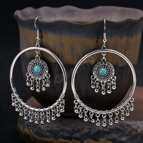 

beads tassel dangle earrings for women boho vintage big round hoop geometric earrings bohemian female turquoises earring, Silver