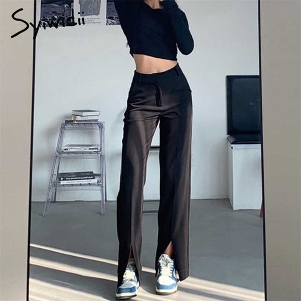 Syiwidii Flare Hose Hose vorne geteiltes Bein gerade Damen Arbeit koreanische Kleidung Streetwear schwarz Bell-Bottom 211124