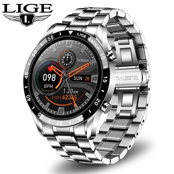 

lige 2021 new fashion smartwatch bluetooth call sport mens watch heart rate monitoring music control waterproof smart watch mang, Slivery;brown