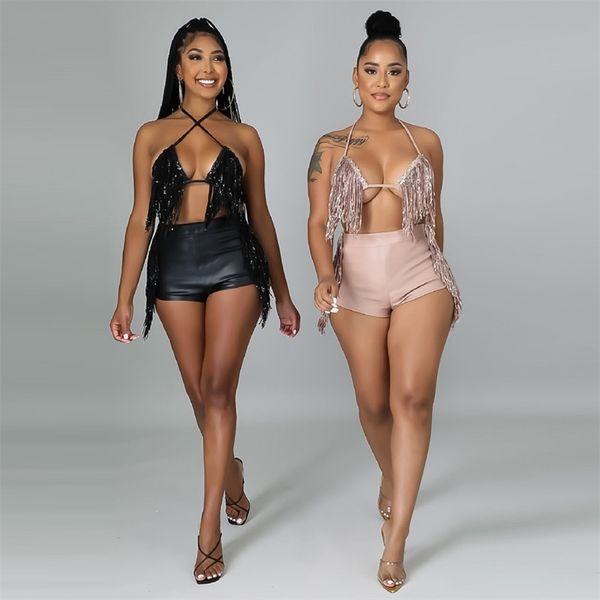 

xqy9214 womens bandage bead tassel bikini shorts set, Black;gray