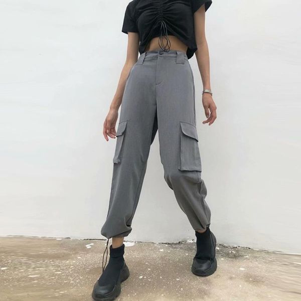 

europe 2021 lace-up ankle-tied straight pants large pocket loose tooling casual high waist for women dssn women's & capris, Black;white