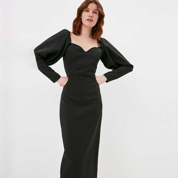 

casual dresses women puff sleeve midi dress with split elegant v neck sheath formal wedding party female vintage solid office lady autumn, Black;gray