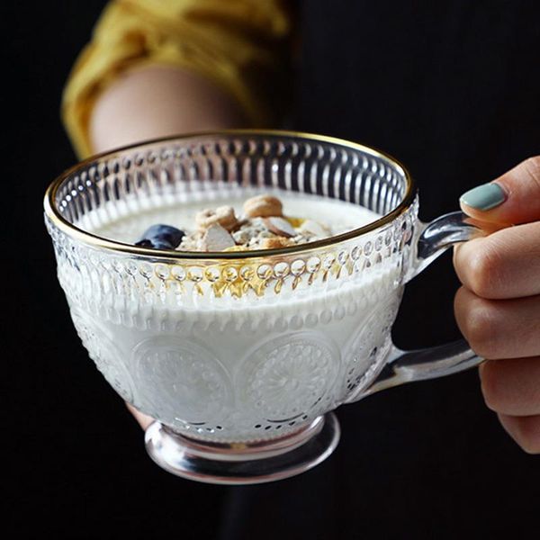 

wine glasses breakfast household glass water cup retro embossed sunflower milk with handle printing oatmeal