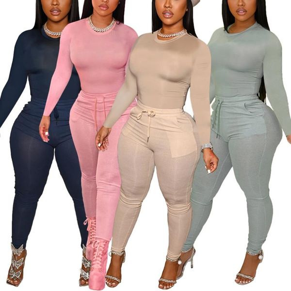 

women's two piece pants hirigin fashion women solid color 2 pcs clothes set round neck long sleeve drawstring waist legging pant with, White