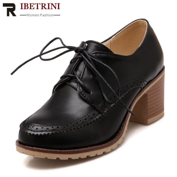 

dress shoes ribetrini women retro fashion lace up sewing high heels solid office casual pumps brogue brand, Black
