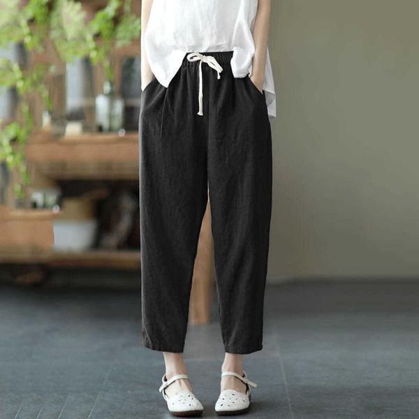 

women's pants & capris womens solid cotton and linen pocket elastic waist loose drawstring trousers ladies fashion classic long, Black;white