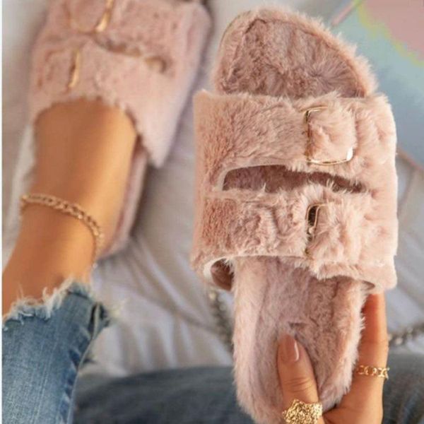 

slippers women spring flats solid shoes for 2021 plus size sandals buckle fashion short plush, Black