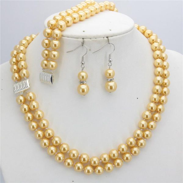 

earrings & necklace fashion 8mm 2 row jewelry shell pearl production process bracelet earring sets 17-18inch ball women's gift, Silver