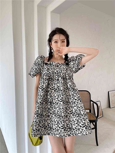 

casual dresses backless white black floral square neck puff sleeve summer short korean fashion kawaii babydoll 1rir, Black;gray