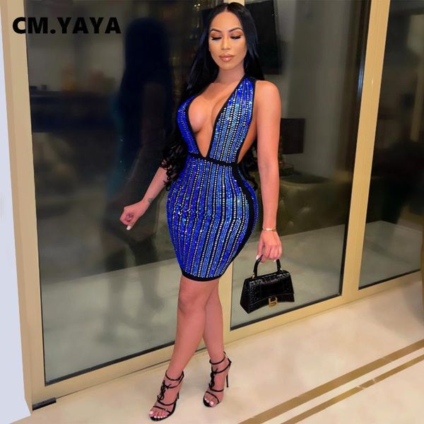 

cm.yaya rhinestones stripe midi dress night party sleeveless deep v-neck bodycon bandage mini dresses casual, Black;gray