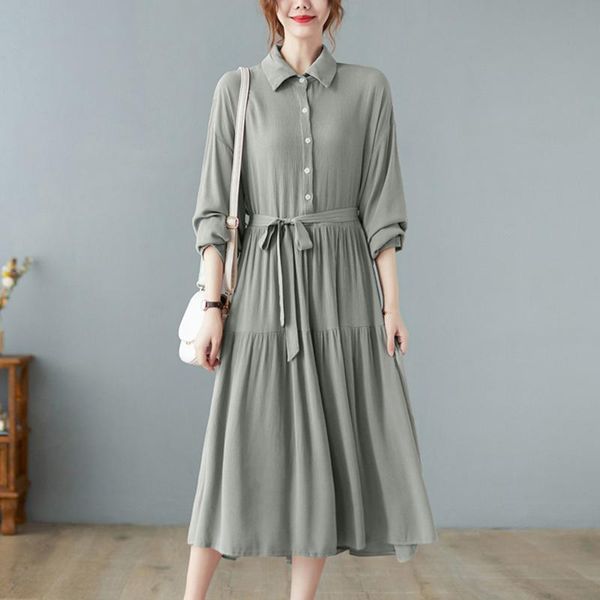 

casual dresses long sleeve cotton linen green bandage for women spring autumn loose midi shirt dress fashion clothes 2021, Black;gray