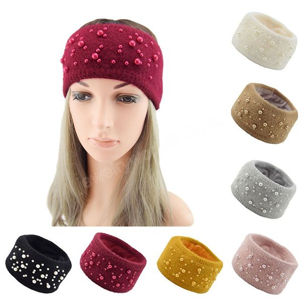 Mulheres Imitation Mink Hair Head Pearl Headband Cor sólida Elastic Hairband de malha Headband Soft Croket Accessórios