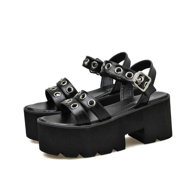 

boussac black punk rivet platform sandals women buckle strap high heel chunky summer goth shoes c0996