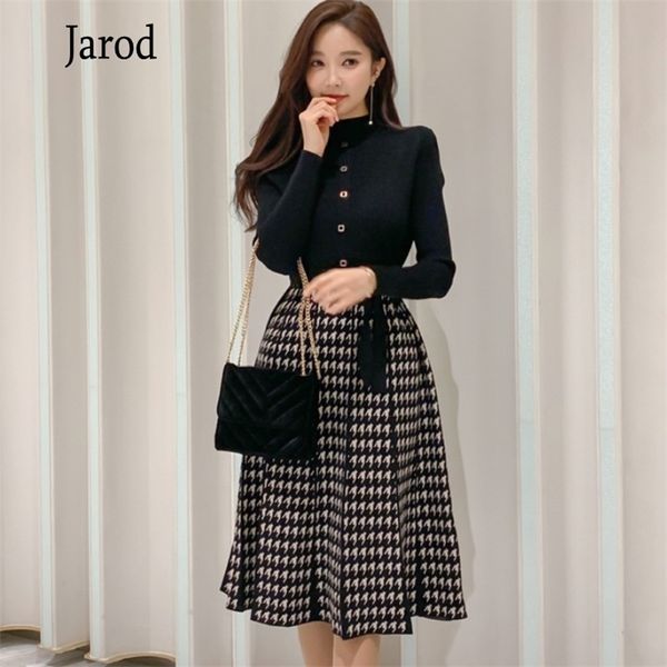 

arrived korean autumn elegant knitted plaid patchwork women dress long sleeve o-neck lace-up bow pleated midi dresses 210519, Black;gray