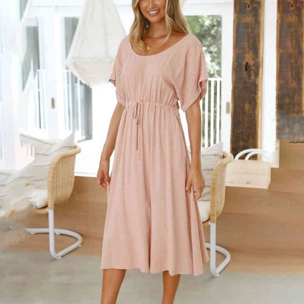 

women backless bow midi dress summer new casual o-neck short sleeve lace-up female loose beach dresses holiday vestido 210416, Black;gray