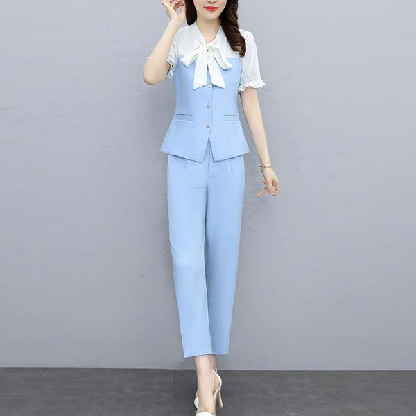 

women summer women's set spliced short sleeve and pencil pants suit 2 piece office lady outfits uniform two, White