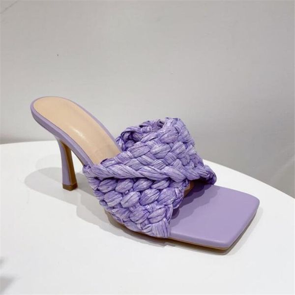 

sandals 2021 summer women raffia weave slippers vintage square toe high heel weaving quality dress shoes zapatos de mujer v8d9, Black