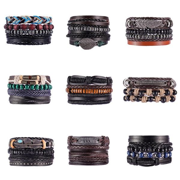 

charm bracelets boho ethnic style multilayer leather bracelet hip hop punk vintage beaded bangles hand-woven male jewelry accessories, Golden;silver