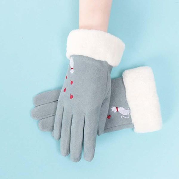 

five fingers gloves woman winter plus velvet thick warm plush cuffs touch screen mittens suede leather cute kitten love 81d, Blue;gray