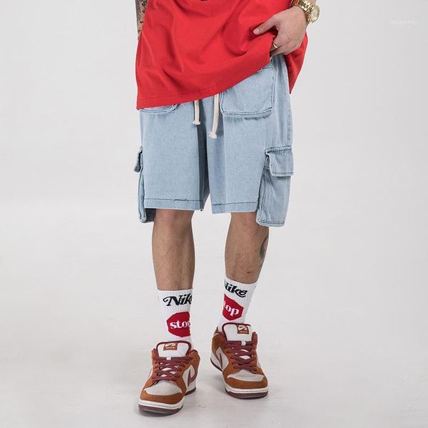 

original multi-pocket loose casual shorts drawstring harajuku streetwear cargo jeans hop denim men men's, White;black