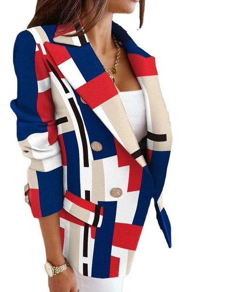 

women's trench coats autumn and winter long-sleeved double-breasted printed suit jacket, Tan;black