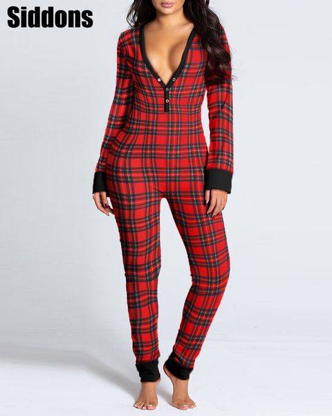 

2011women fashion casual plaid button design plunge lounge jumpsuit solid long sleeve chic functional button flap adults pajamas, Black;white
