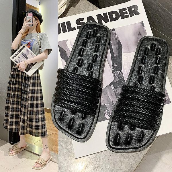 

slippers 2021 square toe flat heel women embroidery diamond slides shoes summer outdoor beach sandal slipper flip flop, Black