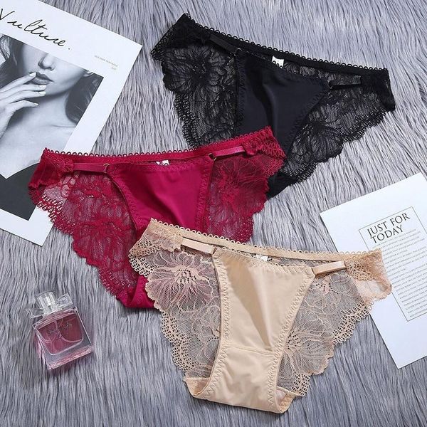 

women's panties women lace underwear design elastic band ice silk seamless breathable low-waist lady briefs, Black;pink