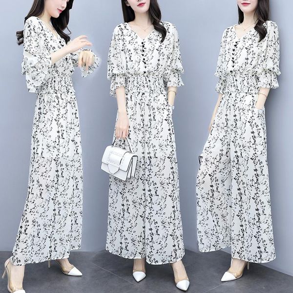 

two piece dress chiffon women outfits summer floral wide leg pants ensemble femme 2 sets womens matching woman suit, White