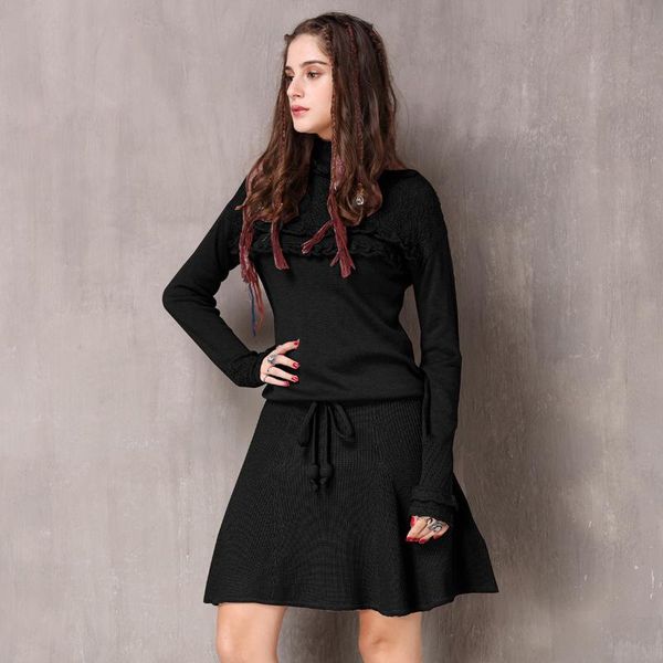 

casual dresses winter womens knitted dress black vintage jacquard turtleneck sweater for women, Black;gray