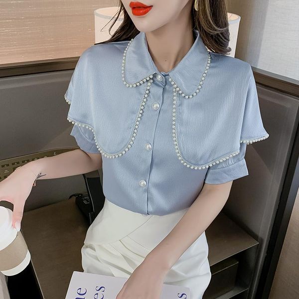 

women's blouses & shirts 2021 fashion summer blouse women temperament all-match slim high-end cloak female beading chiffion tunic shir, White