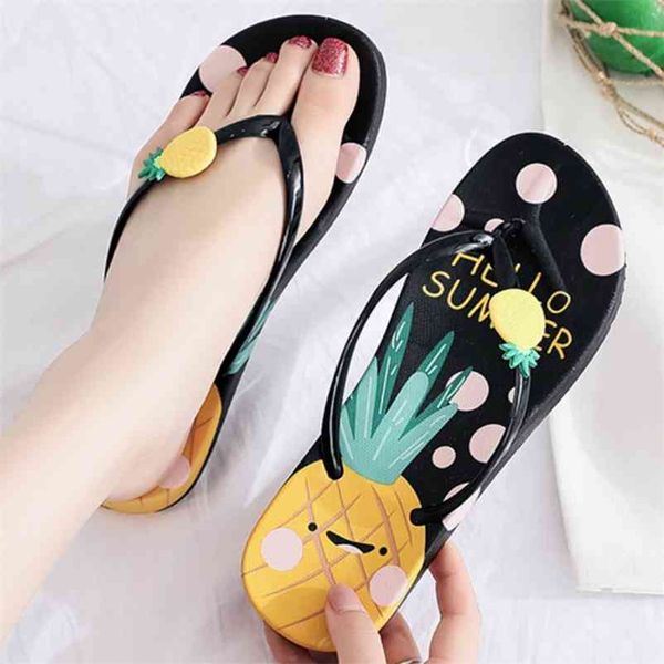 

summer women beach vacation slippers cartoon pineapple strawberry printed girls flip flops fashion women's sandals 210622, Black