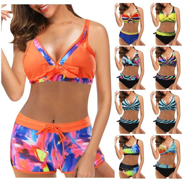 

women's swimwear brazilian bikini 2 pieces separate flower print set high waist swimsuit shorts solid panties, White;black