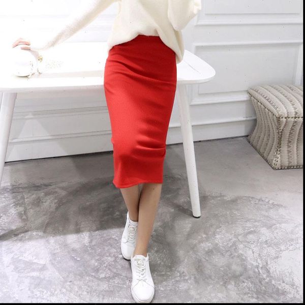 

autumn spring bodycon skirt women skirts stretchable split midi slim pencil for female chic knit, Black