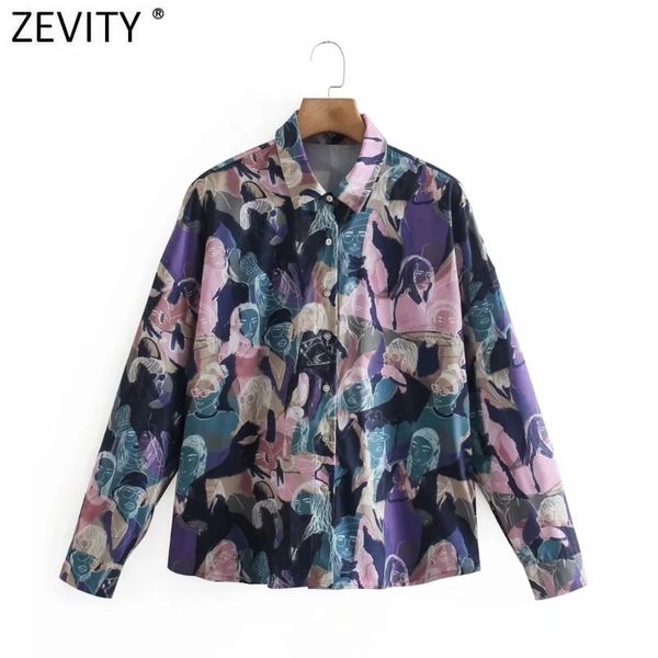 Zevity Frauen Vintage Abstrakte Bild Druck Kittel Bluse Weibliche Langarm Einreiher Shirts Chic Blusas Tops LS9298 210419