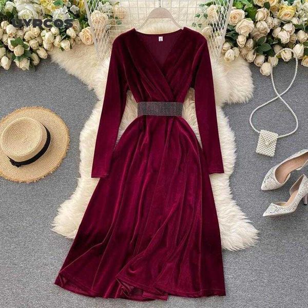 

vintage velvet dress women autumn winter long sleeve v neck a line bandage dresses high waist office elegant mid 210712, Black;gray