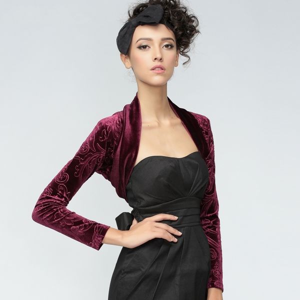 

jackets spring autumn women embossed velvet shawl short long sleeve floral pattern small jacket ladies thin cardigan a70, Black;brown