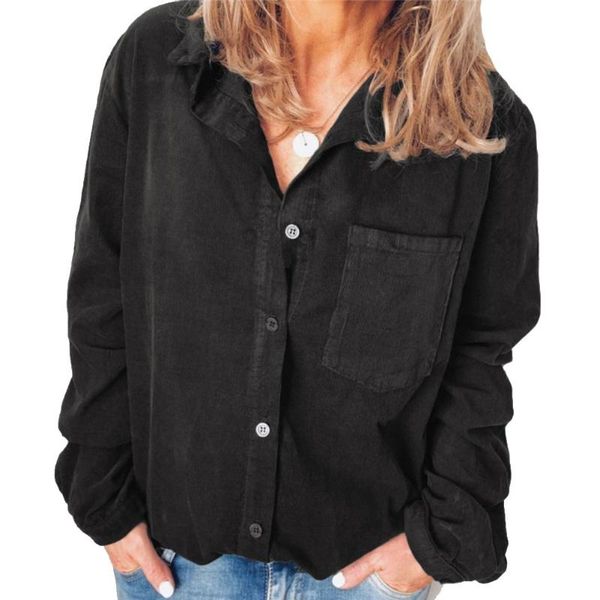 

women's casual button down long sleeves lapel collar shirt v-neck solid color blouse with pockets plus size blouses & shirts, White