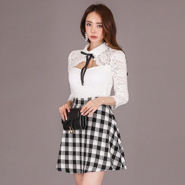 

spring 2021 office lady work dress sweet white lace hollow out patchwork plaid slim a-line party casual dresses, Black;gray