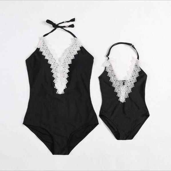 

mother daughter matching swimsuit children girls lace v-neck swimwear bikini bathing suit clothing summer 210529, Blue