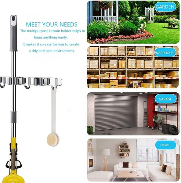 

hooks & rails wall mounted mop rack (2 racks and 3 hooks) stainless steel receive kitchen bathroom strong self adhesive bag hanger