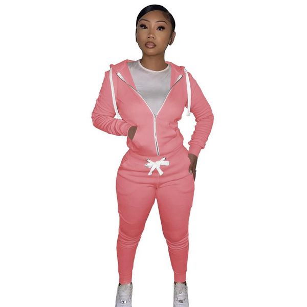 

women's two piece pants outfits winter set hoodie solid zipper sets jogging pullover sweatshirt, White
