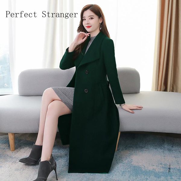 

women's wool & blends 2021 winter korea women loose long coat x-long jacket belt woolen overcoat split hem cardigan outerwear 3xl, Black